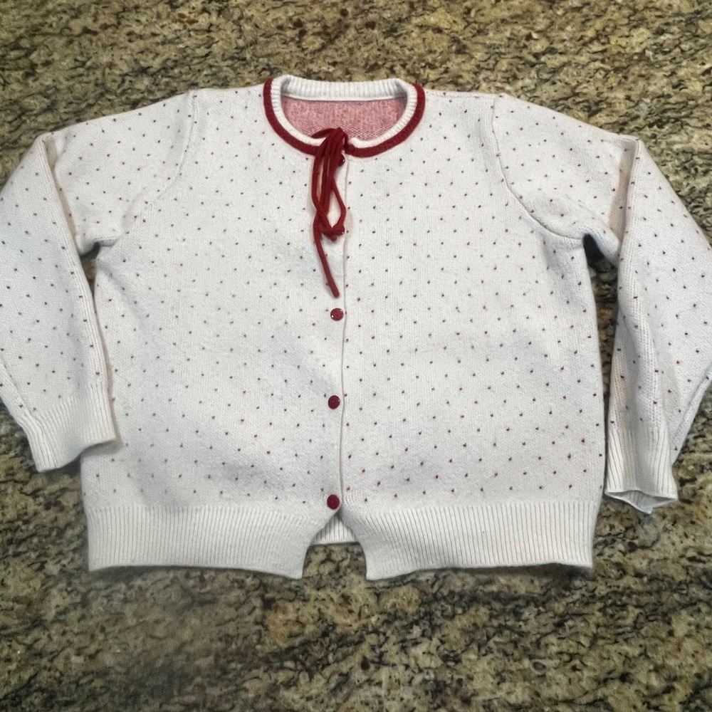 Dazy Women XL White Red Dots Pattern Tie Neck Button Front Cardigan Sweater